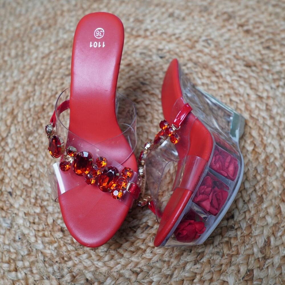 Red Rhinestone Clear Rose Wedge Heels US 6